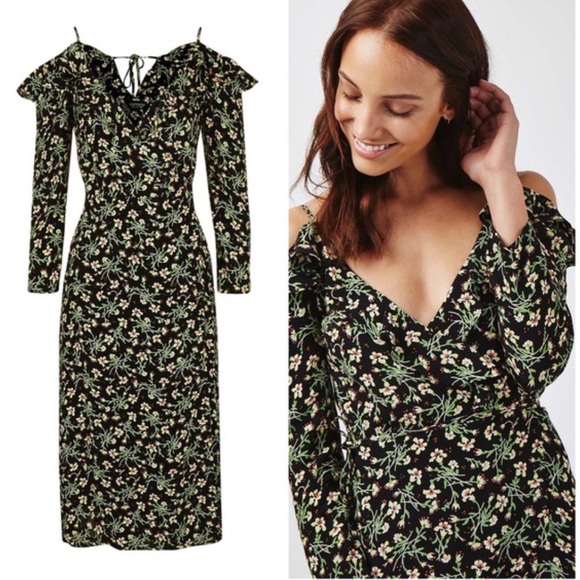 TOPSHOP Busy Garden Ruffle Cold Shoulder WrapDress - Picture 1 of 8